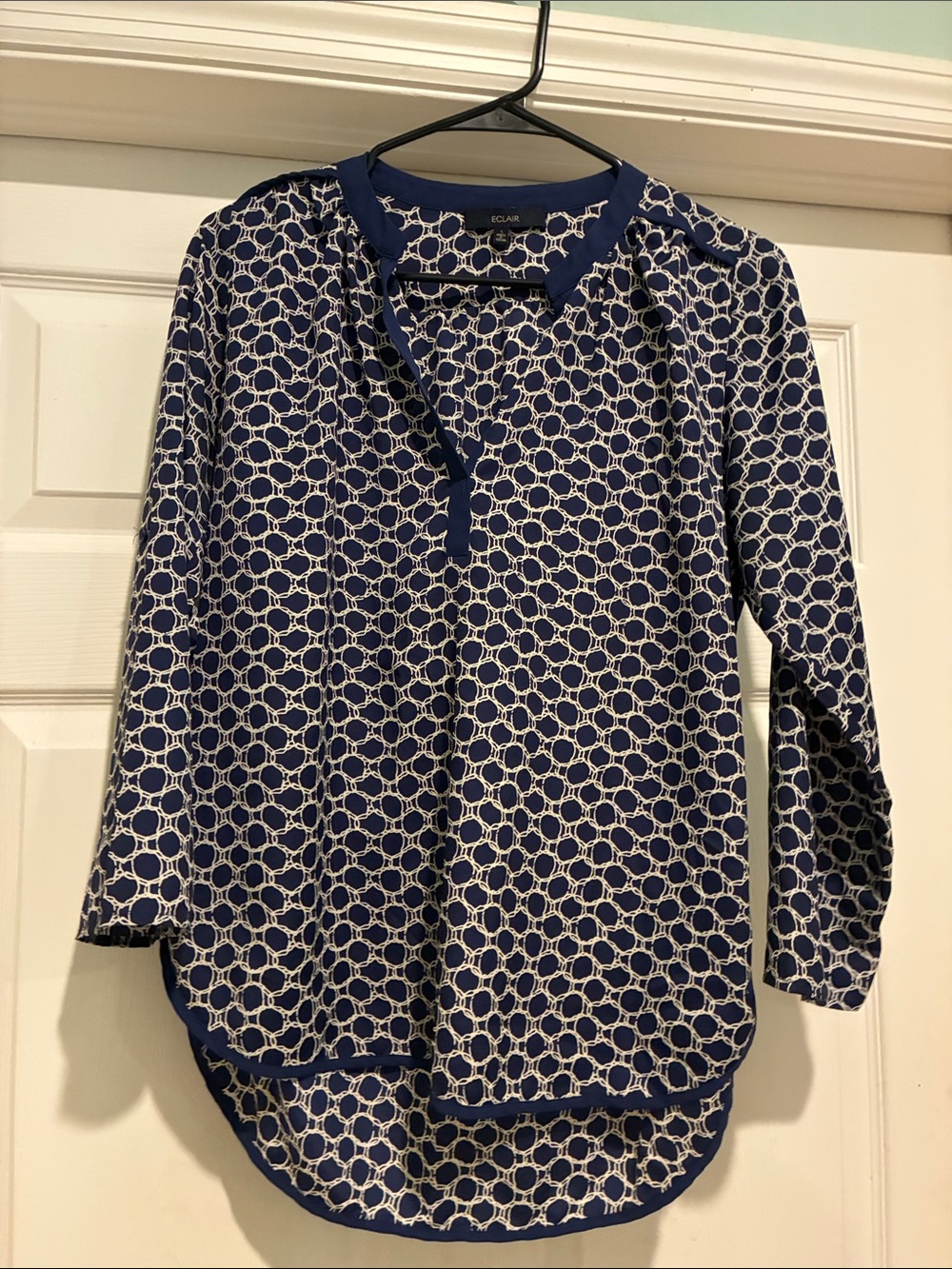 ECLAIR Navy and Tan Geometric Split-Neck Blouse